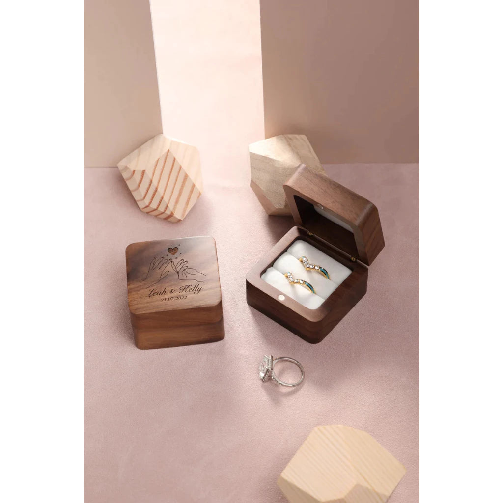 [Ready Stock] Personalized Wooden Ring Box – Engraved with Bride & Groom’s Names – Wedding Engagement Proposal Decor